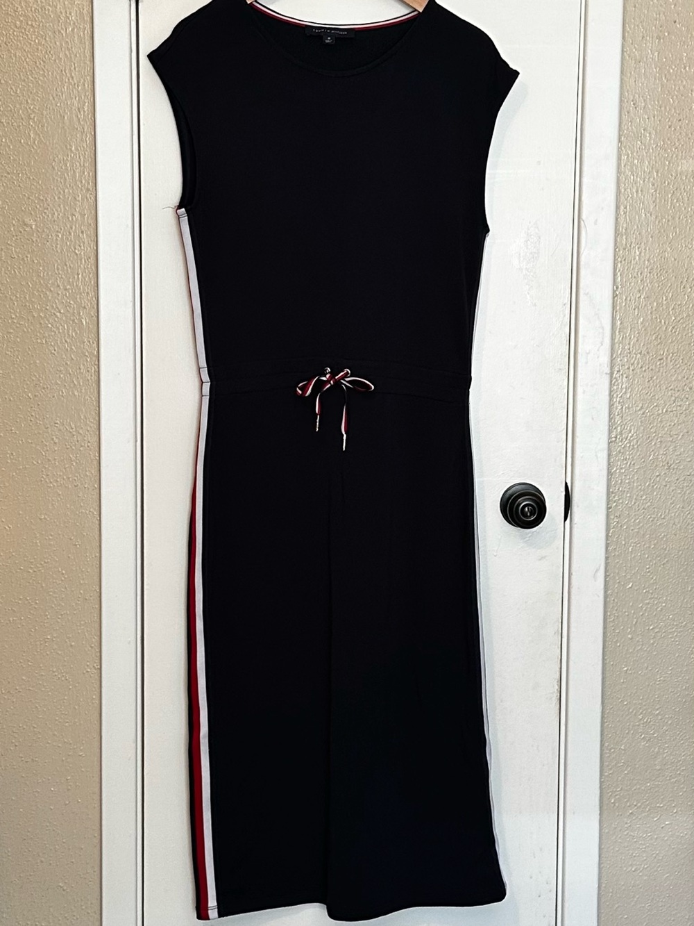 Tommy Hilfiger Navy Blue Midi Dress with Red & White Side Stripes Size M